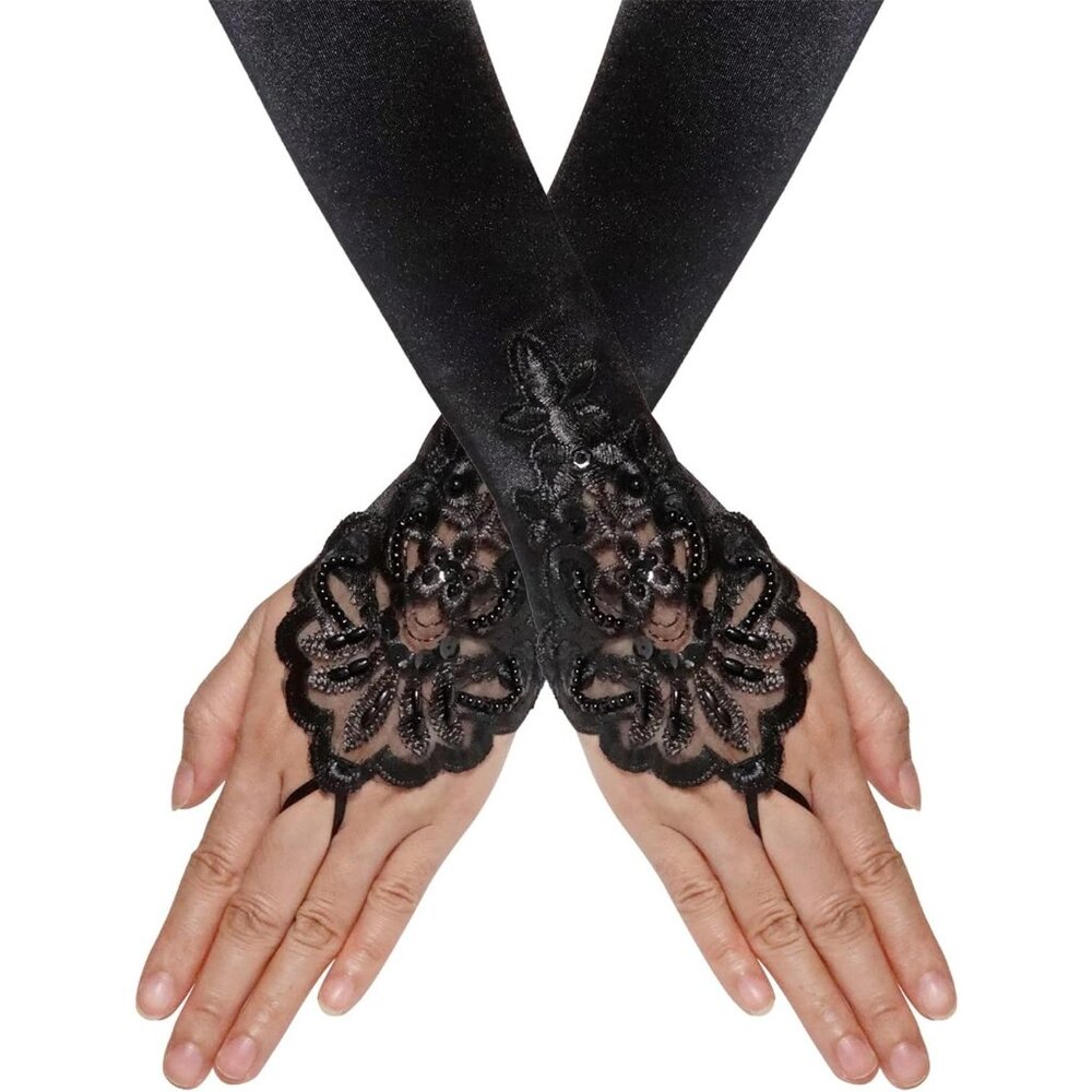 Women's Black Embroidery Sequins Finger Loop Floral Satin Long Gloves Party Wear